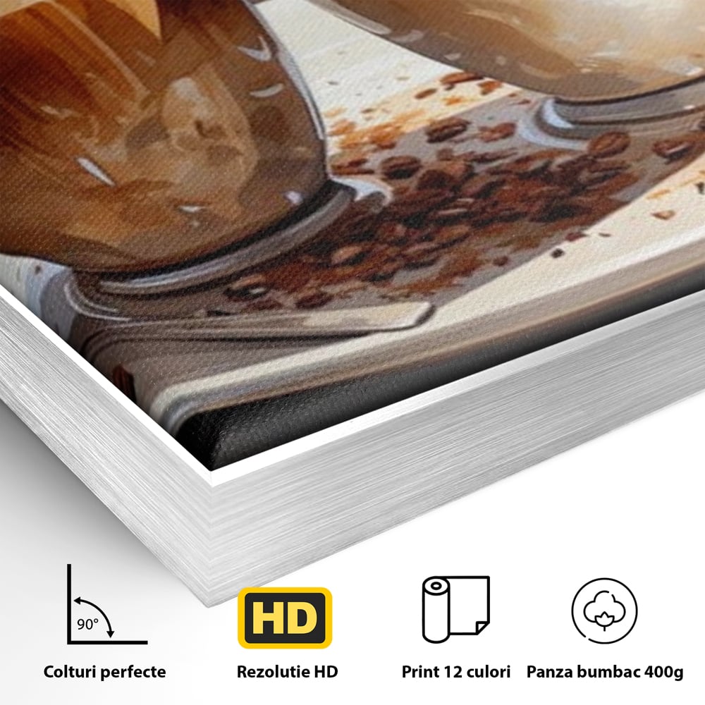 Detaliu al suprafetei: tablou canvas cu cesti de cafea, in rama de aluminiu argintiu